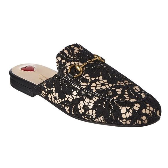 Gucci Shoes - New Gucci Princetown Black Lace/Cream Leather Slipper/Mule Size 36.5